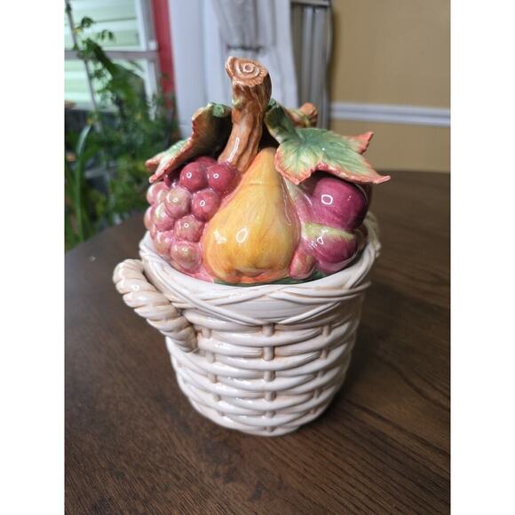 Fitz & Floyd Basket Weave Cookie Jar / Canister - Apple Plums Pear Grape 10 X 8 - Picture 5 of 16